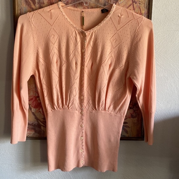 ABS STRETCH BODYCON CARDIGAN SWEATER PEACH BODYCON BEADED EMBELLISHED TOP M - Picture 3 of 12